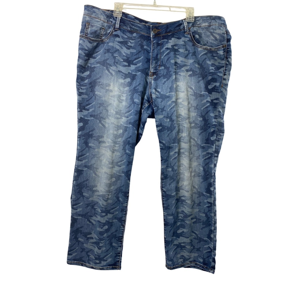 Womens Camo Jeans Plus Size 22W Blue Camouflage Straight Leg Stretch Lightweight
